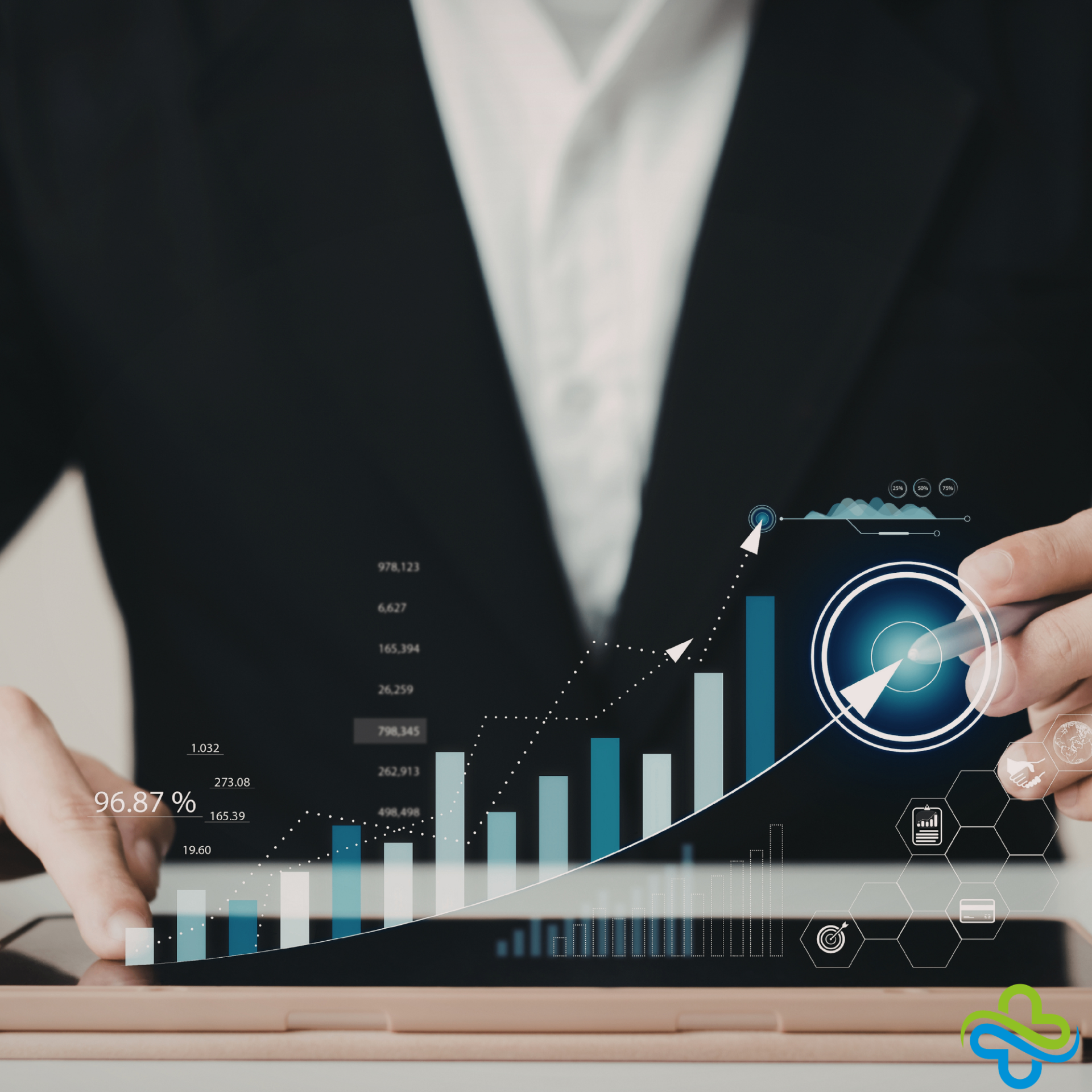 Analyzing performance data on a tablet — measuring outcomes and growth